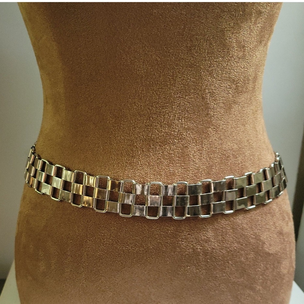 Vintage Silver Tone Geometric Metal Link Chain Belt Adjustable Size S/M Y2K